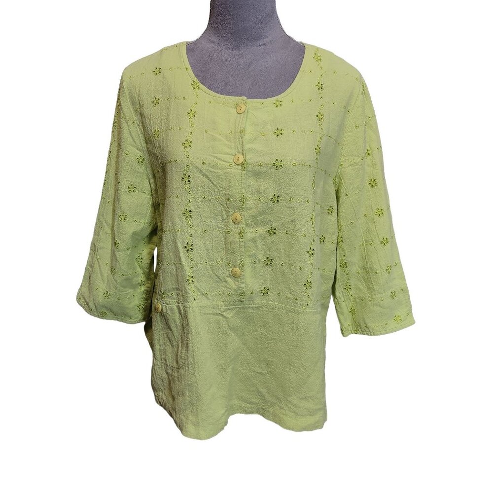 Vtg Periphery Womens Vintage Top Green Floral Eyelet 3/4 Sleeve Cotton Size XL